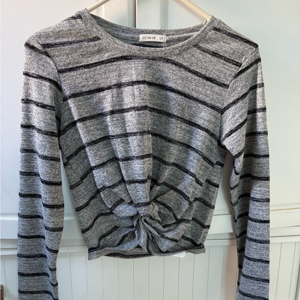 Cotton On Knotted Gray and Black Striped Long Sleeve Top